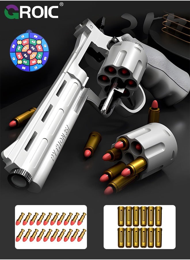 Soft Bullet Gun Toy Revolver Gun, Revolver Gun with 20 PCS Soft Safe Rubber Bullet with Target, Empty Shell Ejecting Toy Gun Pistol & Pull Back Action Toy Gun, Shooting Games Play Toys Revolver Gun