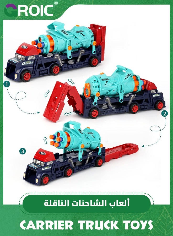 Car Carrier Truck Toys, Truck Launcher Toys, Soft Bullet Launcher Gun, 4 in 1 Transport Truck Carrier Launcher Toys with 8 Alloy Car, Lights & Sounds, Carrier Truck Toy Ideal Gift for Boys Girls