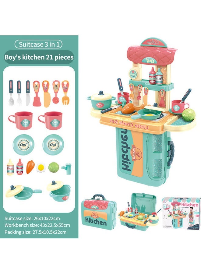 21-Piece 3 In 1 Tableware Suitcase Kitchen Pretend Play Set 54x20.5x43cm