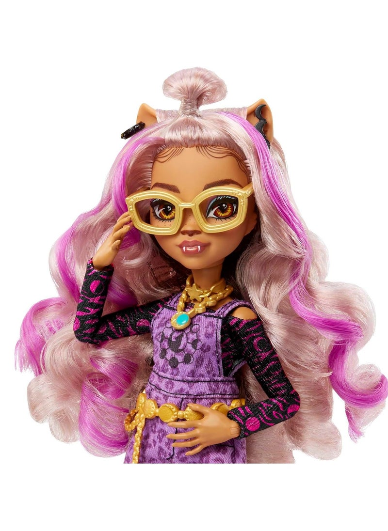 Doll Clawdeen Wolf with Accessories and Pet Dog, Posable Fashion Doll with Purple Streaked Hair