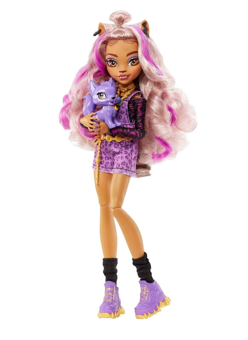 Doll Clawdeen Wolf with Accessories and Pet Dog, Posable Fashion Doll with Purple Streaked Hair