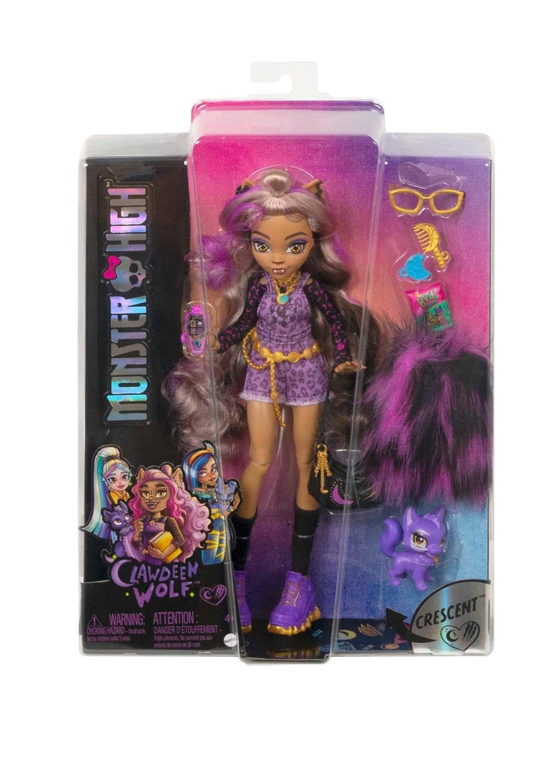 Doll Clawdeen Wolf with Accessories and Pet Dog, Posable Fashion Doll with Purple Streaked Hair