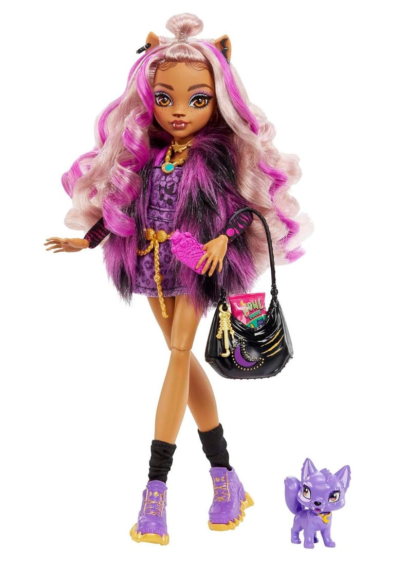 Doll Clawdeen Wolf with Accessories and Pet Dog, Posable Fashion Doll with Purple Streaked Hair