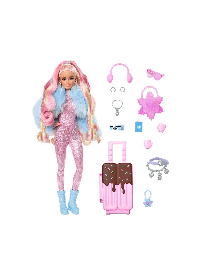 Barbie ​Travel Barbie Doll with Wintery Snow Fashion, Barbie Extra Fly, Sparkly Pink Jumpsuit and Faux-Fur Coat, HPB16, Blue,pink