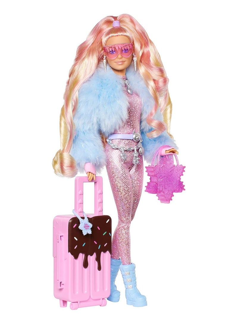 Barbie ​Travel Barbie Doll with Wintery Snow Fashion, Barbie Extra Fly, Sparkly Pink Jumpsuit and Faux-Fur Coat, HPB16, Blue,pink