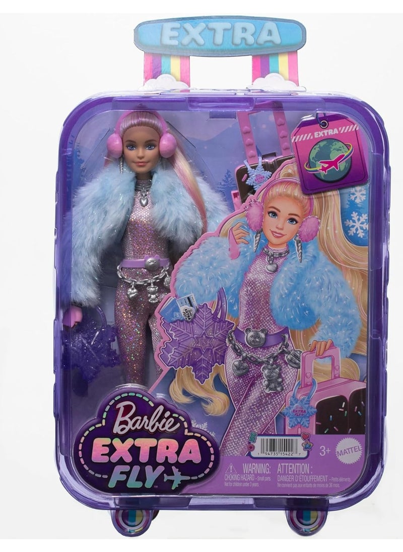 Barbie ​Travel Barbie Doll with Wintery Snow Fashion, Barbie Extra Fly, Sparkly Pink Jumpsuit and Faux-Fur Coat, HPB16, Blue,pink