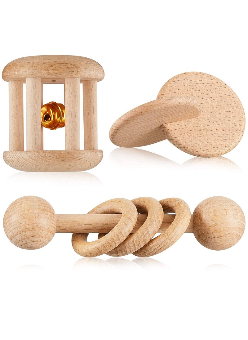 Wooden Toys, Rattle Wood Bells Rattles Beech Interlocking Discs Toys Teether Kid for Boys and Girls 3 Pieces