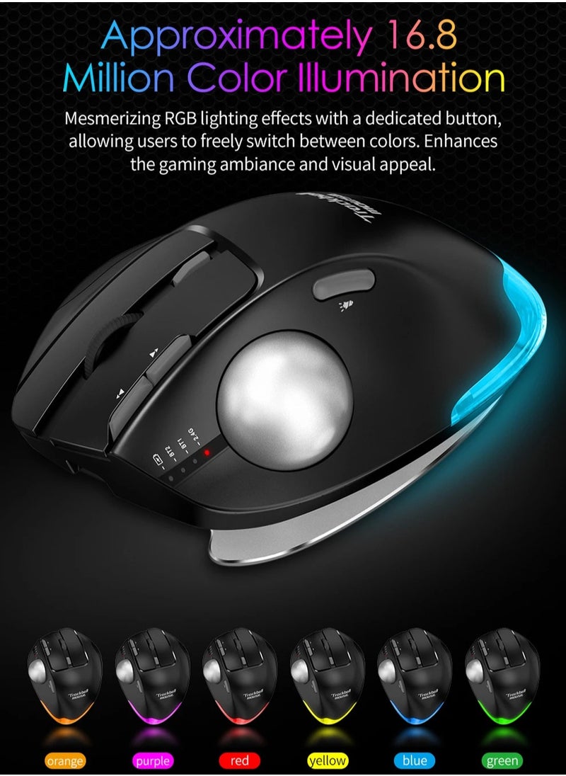 Wireless Bluetooth Trackball Mouse 2.4G RGB Ergonomic Rechargeable Roller Axis Mouse 3 Devices