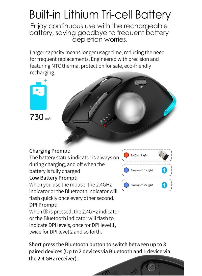 Wireless Bluetooth Trackball Mouse 2.4G RGB Ergonomic Rechargeable Roller Axis Mouse 3 Devices