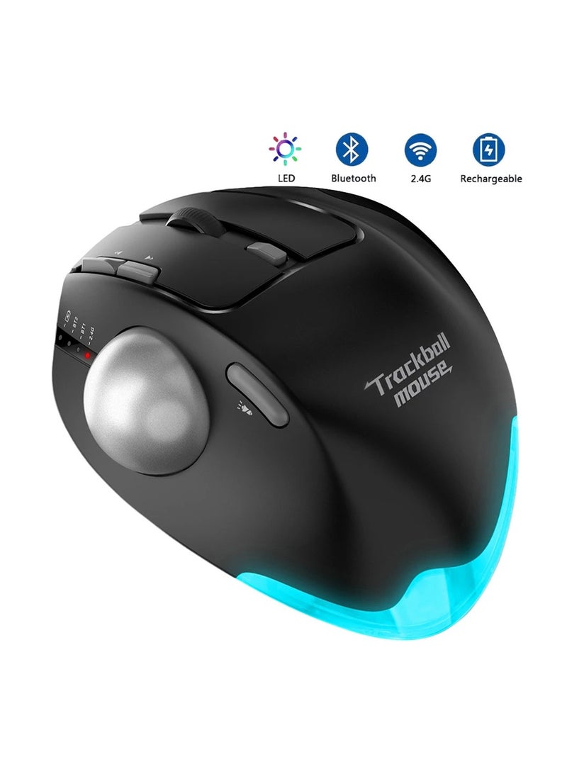 Wireless Bluetooth Trackball Mouse 2.4G RGB Ergonomic Rechargeable Roller Axis Mouse 3 Devices