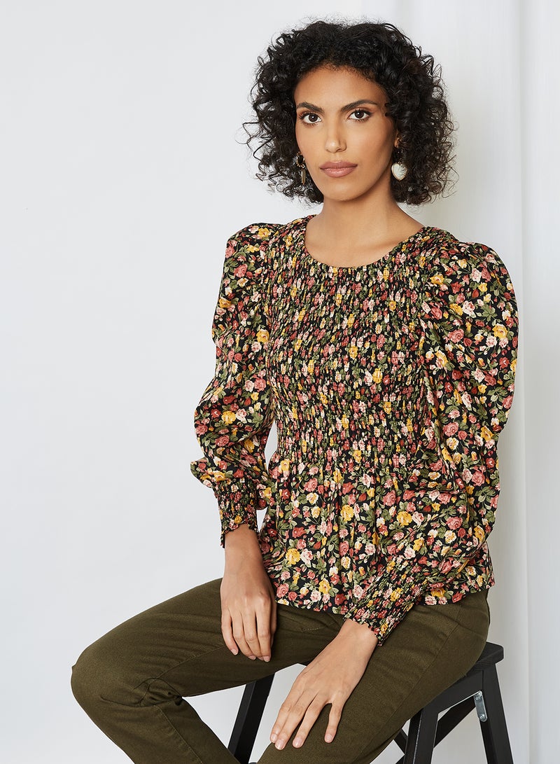 Floral Print Smock Top Black