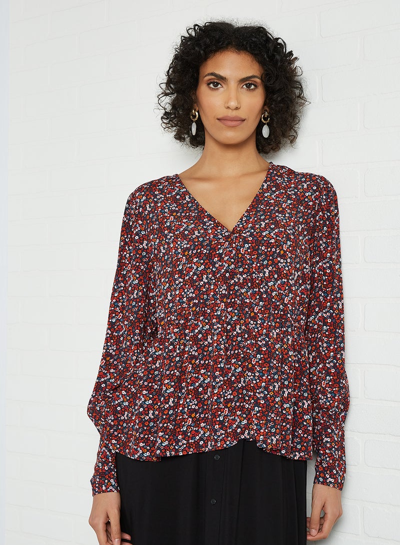 Floral Print V-Neck Top Sky Captain