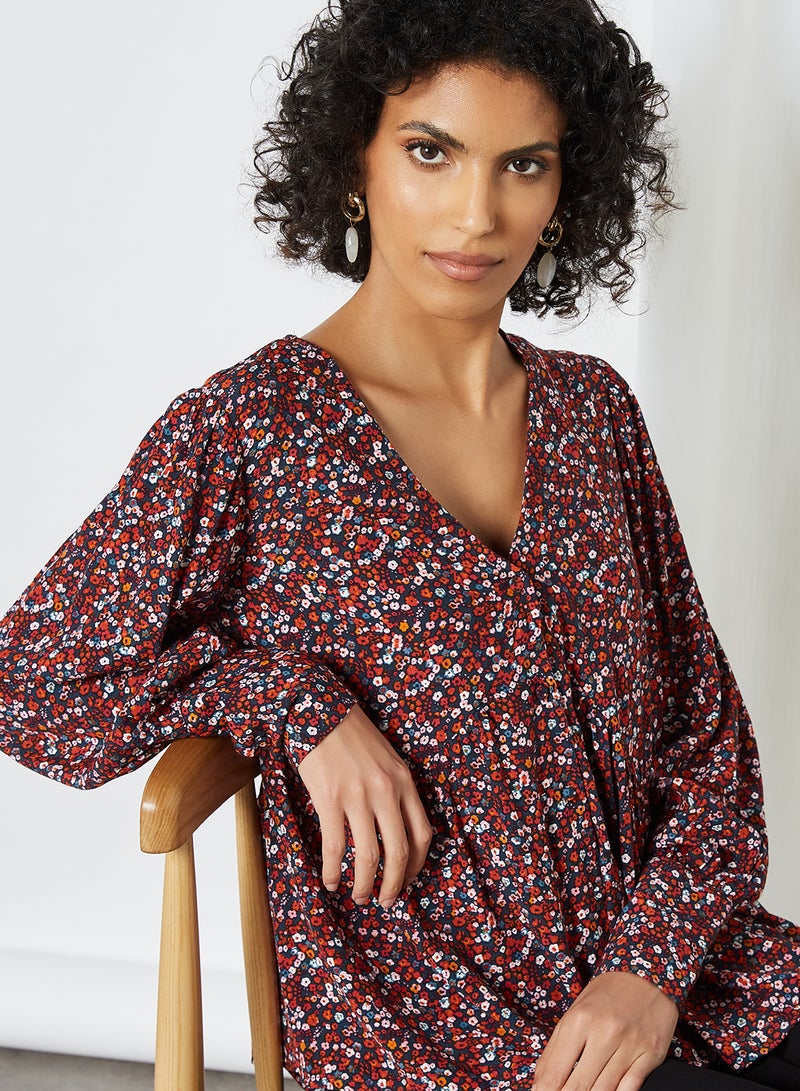 Floral Print V-Neck Top Sky Captain