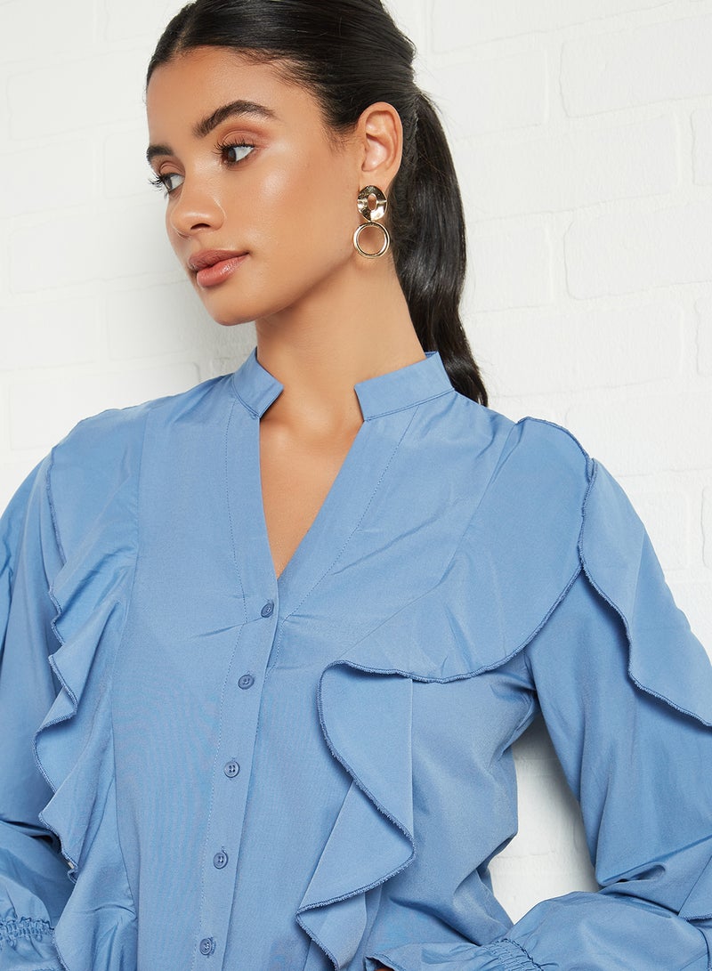 Ruffle Detailed Shirt Blue