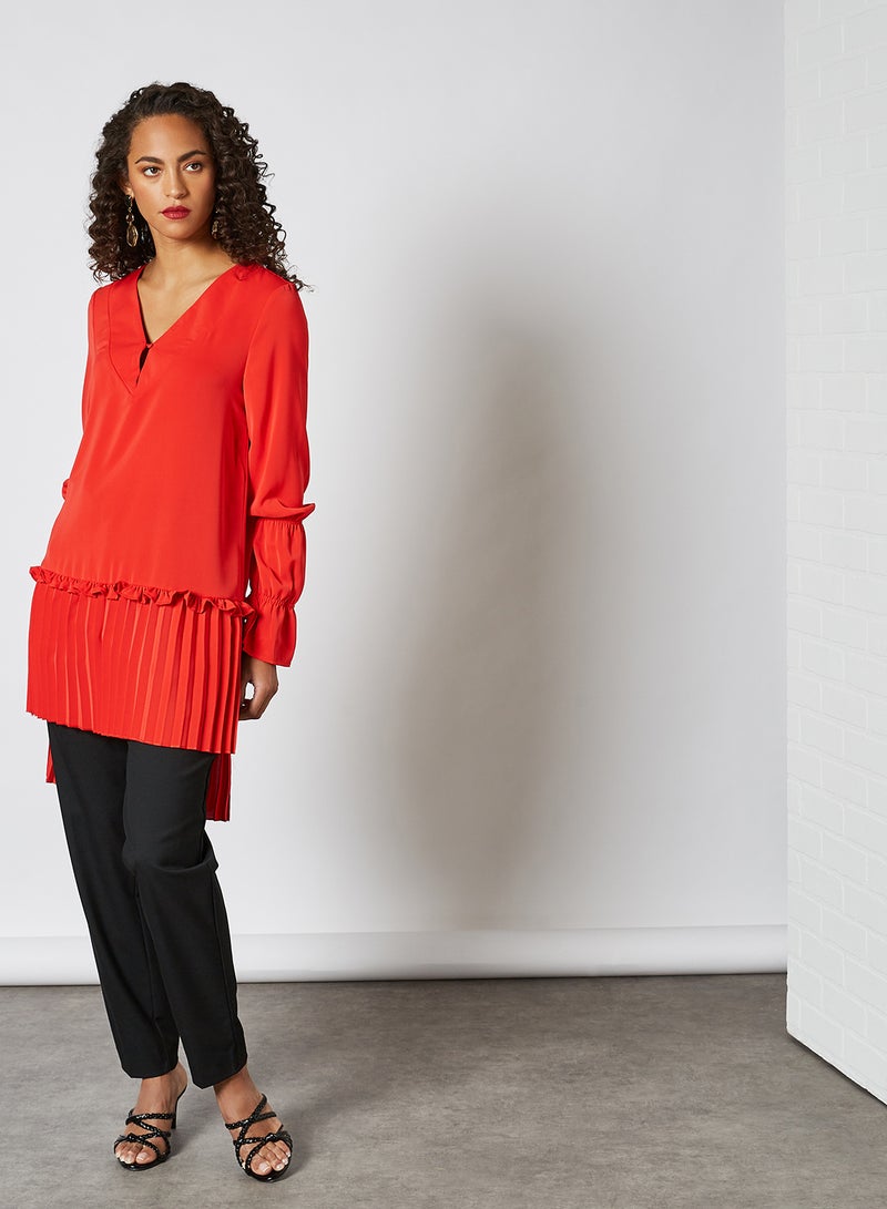 Pleated High-Low Blouse Red