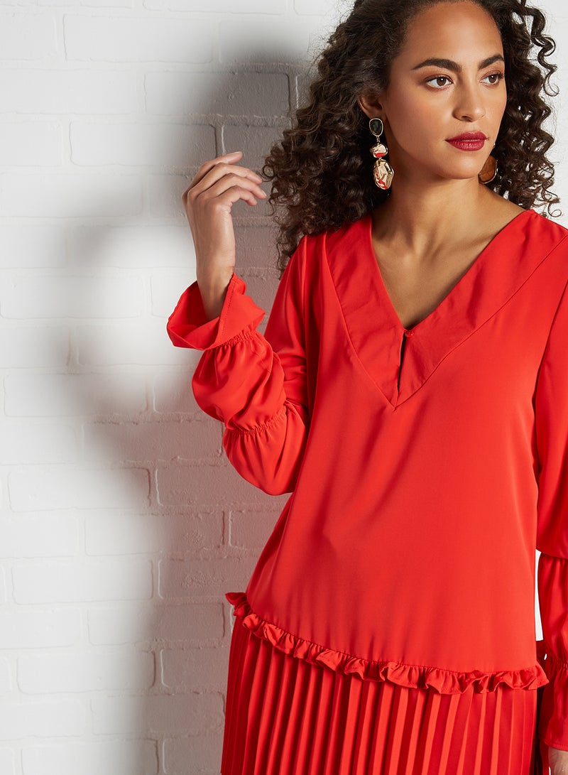 Pleated High-Low Blouse Red