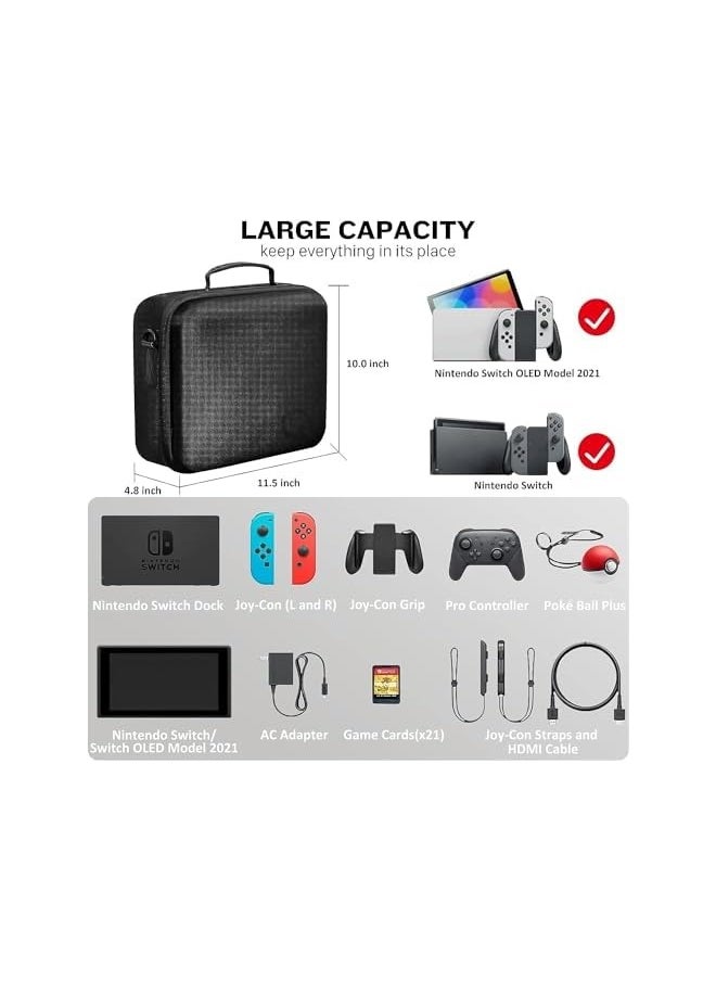 Carrying Case for Nintendo Switch OLED Model, Hard Travel Storage Protective Case with Handle and Shoulder Strap for Pro Controller, Poke Ball Plus and Switch Accessories, Black