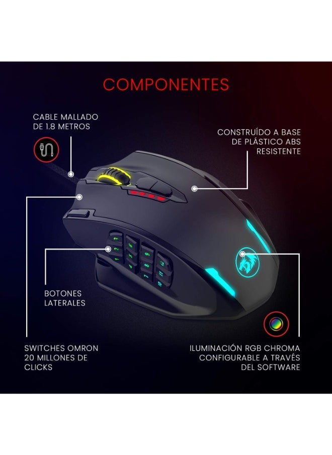 M908 12400 Dpi Impact mmo Gaming Mouse W/ 18 Programmable Buttons, Weight Tuning Cartridge, 12 Side Buttons