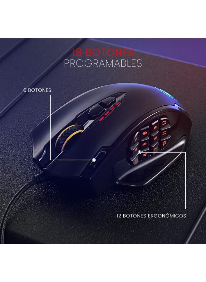 M908 12400 Dpi Impact mmo Gaming Mouse W/ 18 Programmable Buttons, Weight Tuning Cartridge, 12 Side Buttons