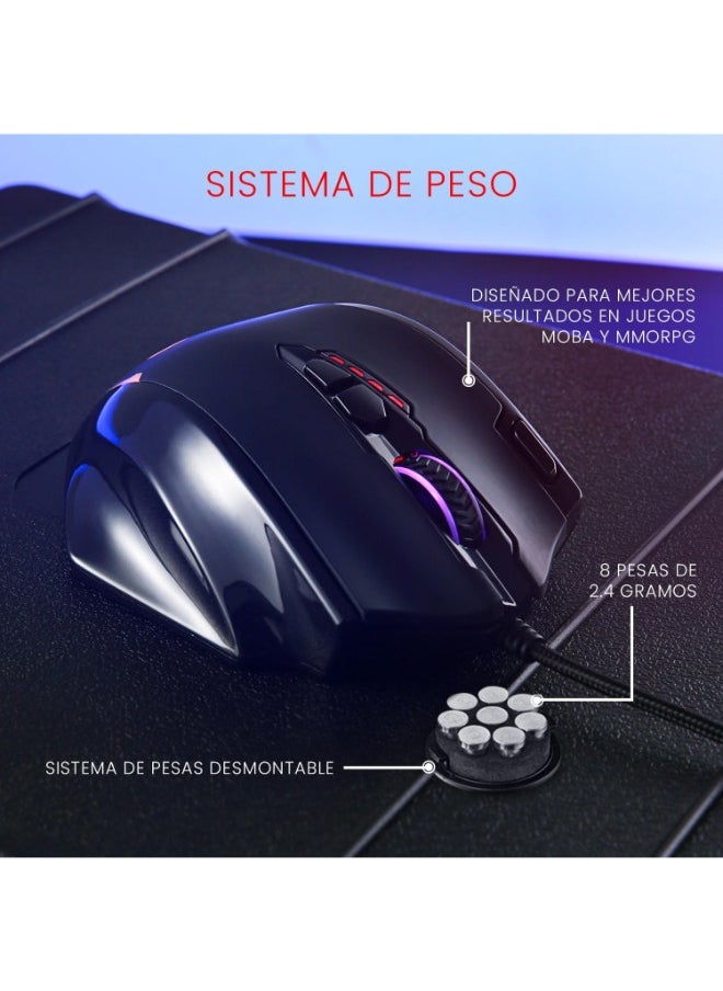 M908 12400 Dpi Impact mmo Gaming Mouse W/ 18 Programmable Buttons, Weight Tuning Cartridge, 12 Side Buttons