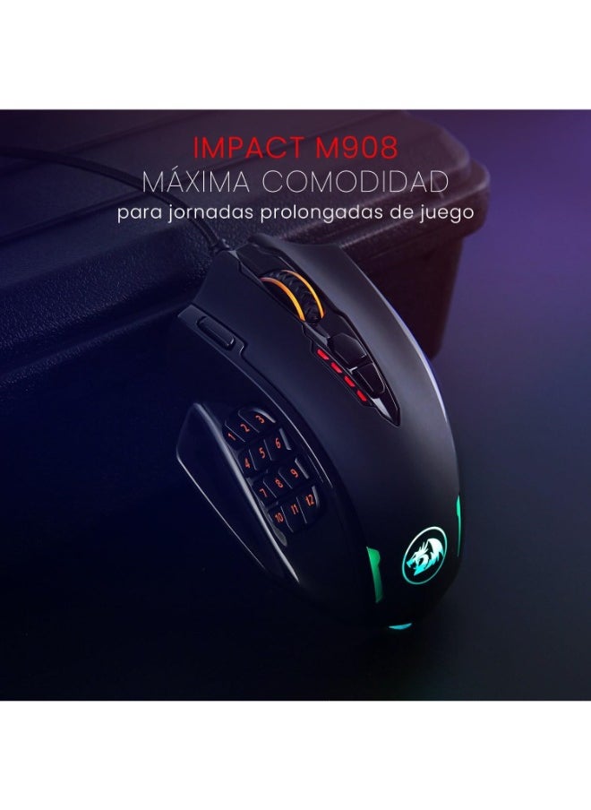 M908 12400 Dpi Impact mmo Gaming Mouse W/ 18 Programmable Buttons, Weight Tuning Cartridge, 12 Side Buttons