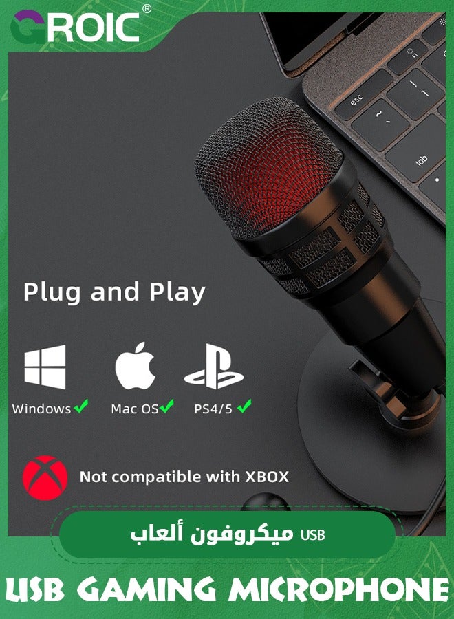 Gaming Microphone, USB Computer Microphone for PC, Mac, PS4/5, Condenser Podcast Mic for Studio Recording, YouTube, Streaming, with Headphone Jack, Led Light, Mute, Gain, Noise Cancellation