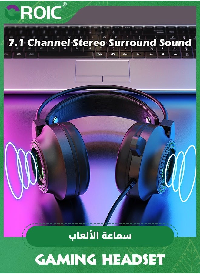 Gaming Headset with Microphone, Compatible with PS4 PS5 Xbox One PC Laptop, Over-Ear Headphones with LED RGB Light, Noise Canceling Mic, 7.1 Stereo Surround Sound