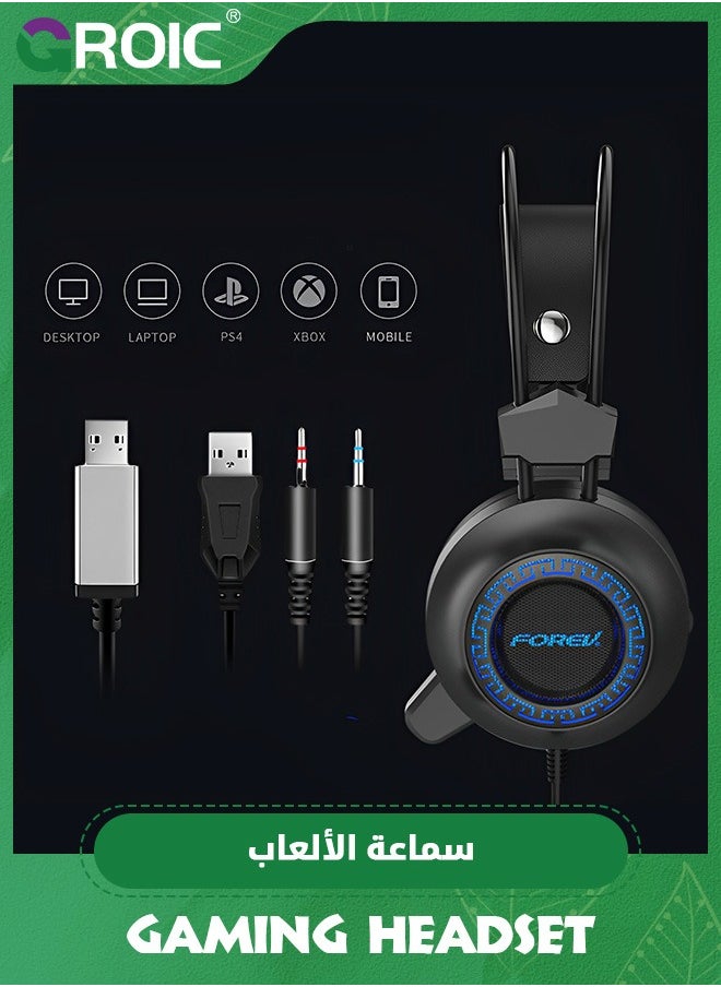 Gaming Headset with Microphone, Compatible with PS4 PS5 Xbox One PC Laptop, Over-Ear Headphones with LED RGB Light, Noise Canceling Mic, 7.1 Stereo Surround Sound