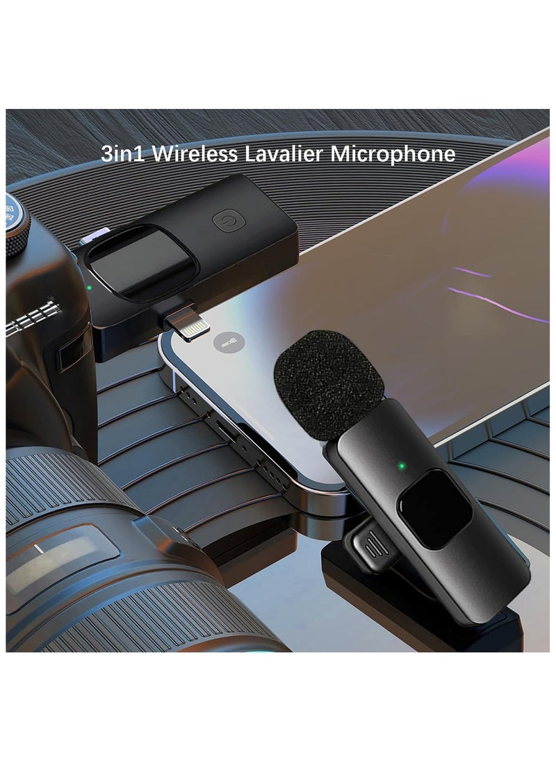 Wireless Lavalier Microphone 3 in 1 for iPhone iPad iPhone 15 USB C Smartphone Computer Camera, Plug and Play Intelligent Noise Reduction Mini Mic for Vlog YouTube TikTok Live Streaming (Dual MIC)