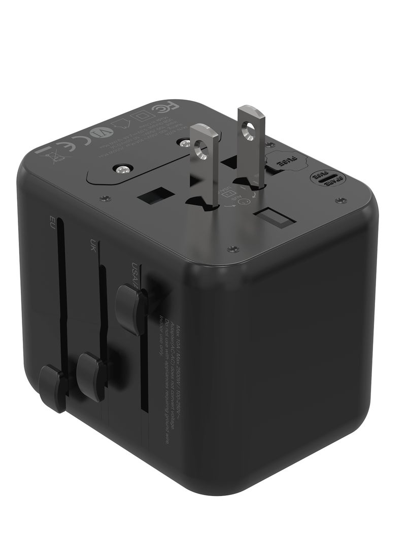 Dual USB-A Universal Travel Adapter 2.4A / Fast Charger / Travel Friendly / 150+ Countries - Black