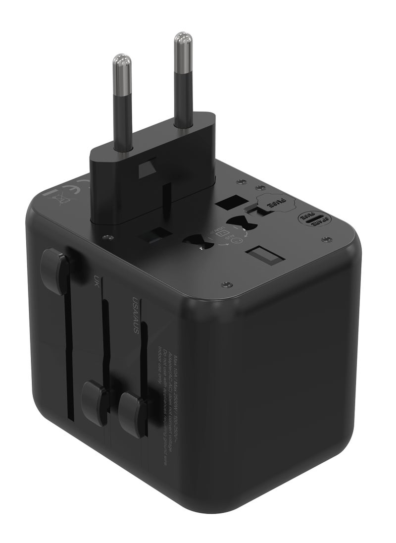 Dual USB-A Universal Travel Adapter 2.4A / Fast Charger / Travel Friendly / 150+ Countries - Black