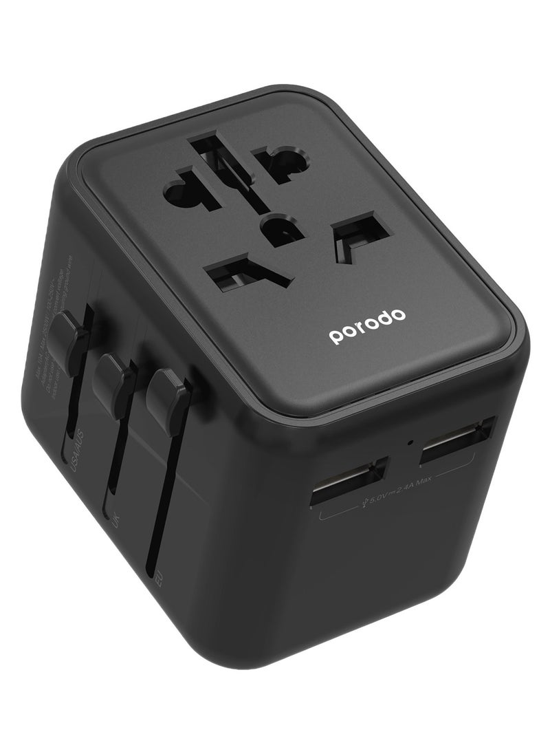 Dual USB-A Universal Travel Adapter 2.4A / Fast Charger / Travel Friendly / 150+ Countries - Black