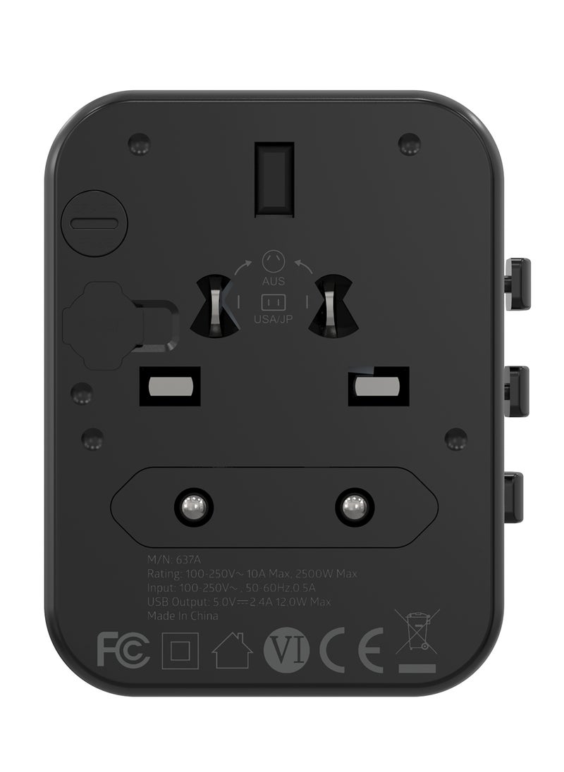 Dual USB-A Universal Travel Adapter 2.4A / Fast Charger / Travel Friendly / 150+ Countries - Black