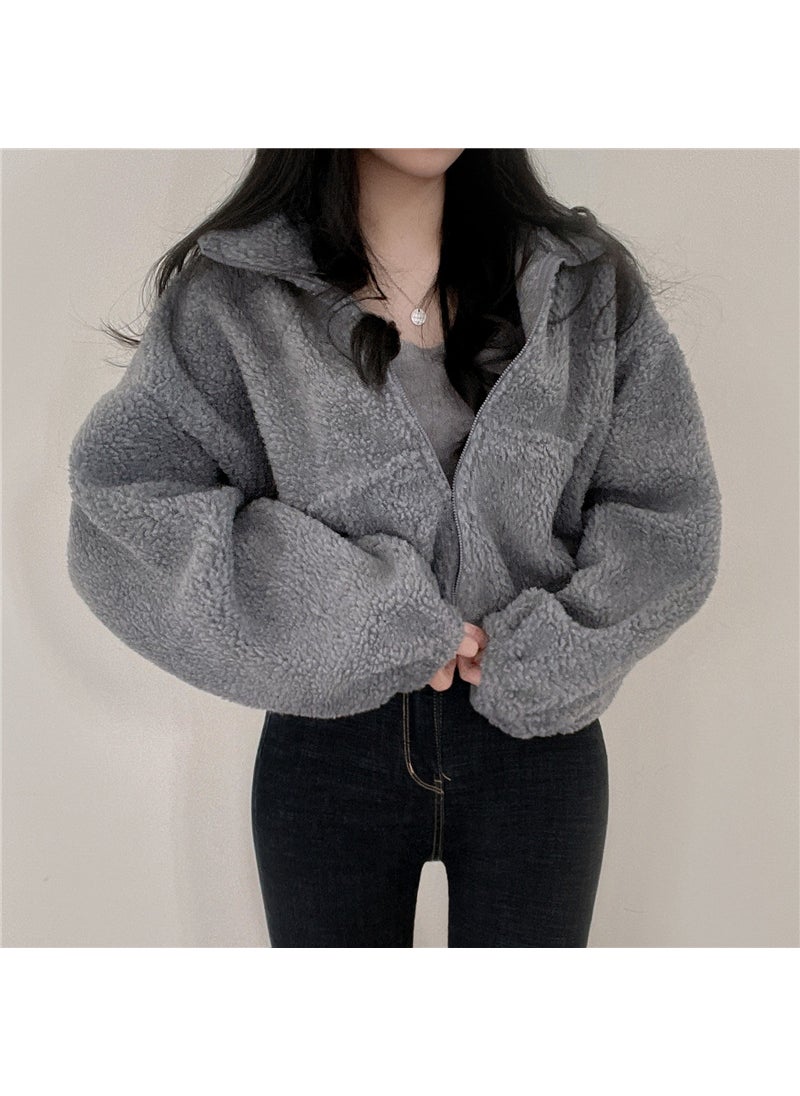 Womens Fleece Hoodie 2023 Autumn Winter Warm Loose Zip-up TY860 Gray