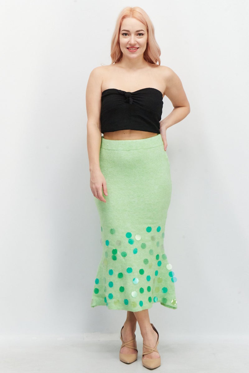 Women Wool Blend Textured Midi Skirt, Lime Green