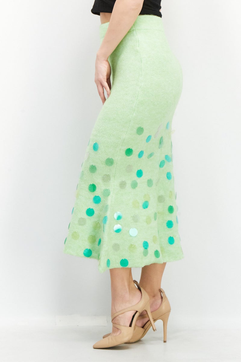 Women Wool Blend Textured Midi Skirt, Lime Green
