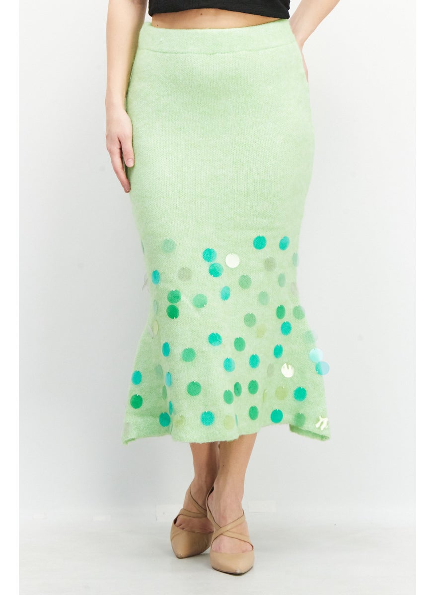 Women Wool Blend Textured Midi Skirt, Lime Green