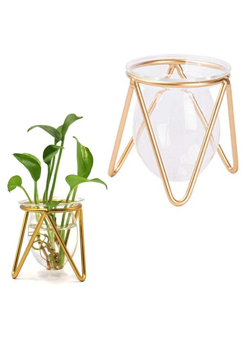 Glass Vase with Metal Stand, Gold Geometric Flower Vase, Small Vase for Wedding, Table Centerpieces, Living Room, Plant Terrariums for Propagating Hydroponic, Terrarium Container Propagation Station