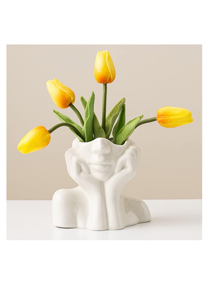 White Ceramic Face Vase, Female Form Head Half Body Bust Vases Boho Feminist Minimalism Decorative Modern Nordic Style Flower Vase for Home Living Room Office Book Shelf Decor (Medium)