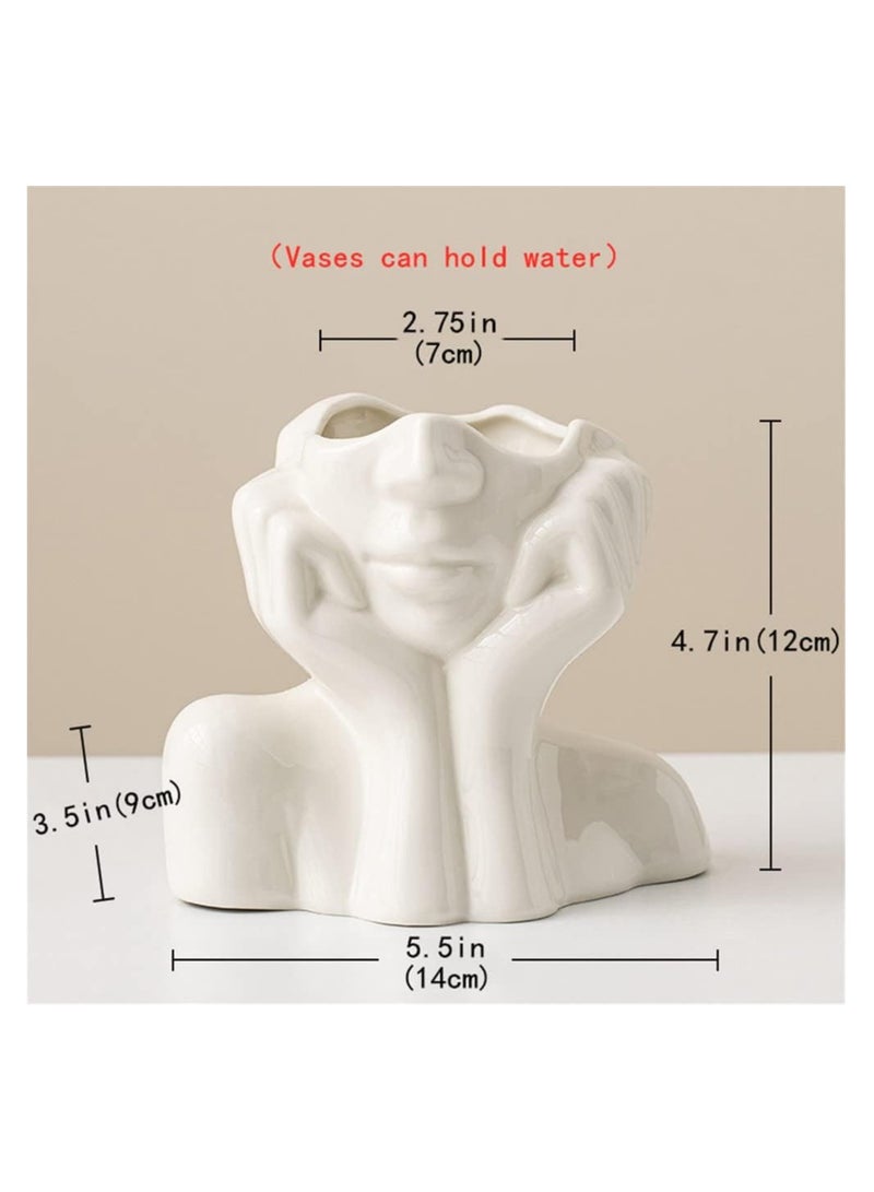 White Ceramic Face Vase, Female Form Head Half Body Bust Vases Boho Feminist Minimalism Decorative Modern Nordic Style Flower Vase for Home Living Room Office Book Shelf Decor (Medium)