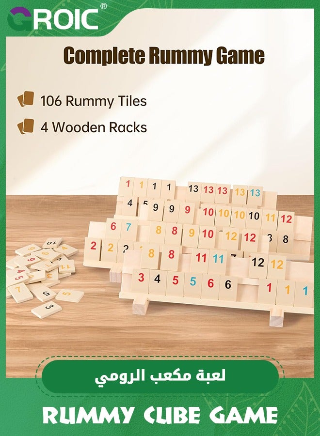 Wood Rummy Cube Game Set, Large and Bright Number Edition Rummy Tiles, Family Classic Board Games Learning Puzzle Games for Kids & Aldults with 106 Tiles, 4 Playing Rack, 1 Timer (2-4 Players)