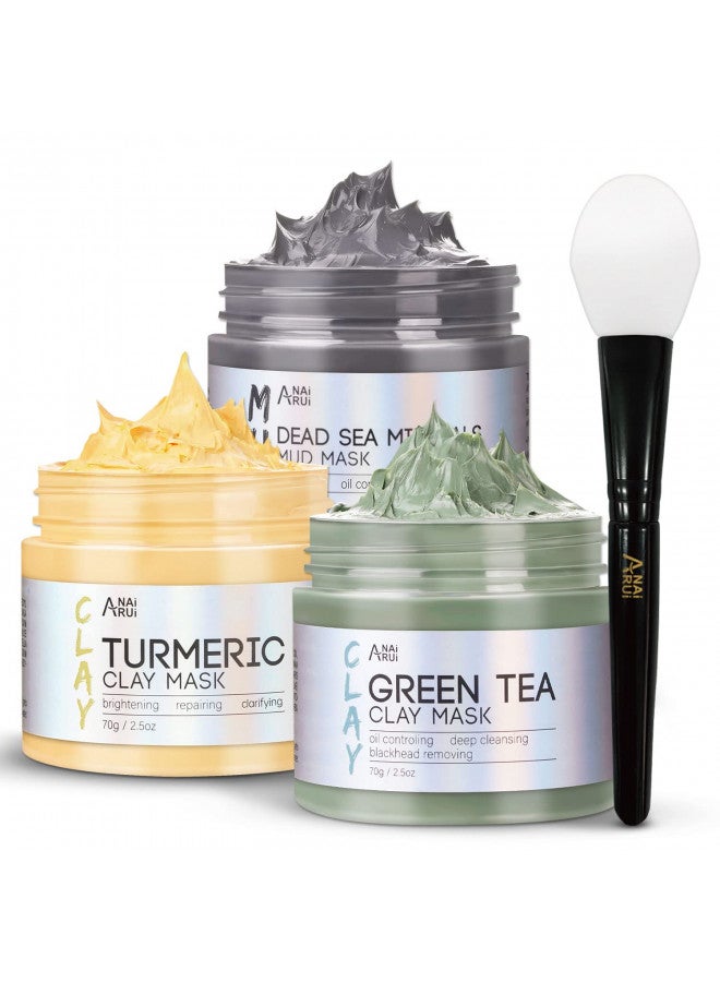 ANAI RUI Turmeric Clay Mask - Green Tea and Dead Sea Minerals, Spa Facial Mask Set for Pore Treatment  2.5 oz each