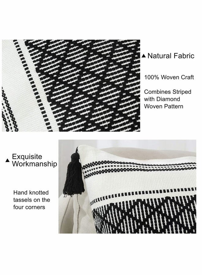 Set of 2 Boho Neutral Decorative Throw Pillow Covers 18x18 Inch  Cotton Woven Diamond Jacquard Pattern Pillow Cases for Couch Sofa Bedroom Car Modern Accent Square Pillowcase Black