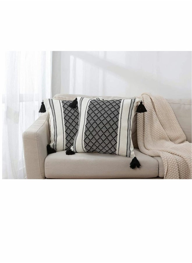 Set of 2 Boho Neutral Decorative Throw Pillow Covers 18x18 Inch  Cotton Woven Diamond Jacquard Pattern Pillow Cases for Couch Sofa Bedroom Car Modern Accent Square Pillowcase Black