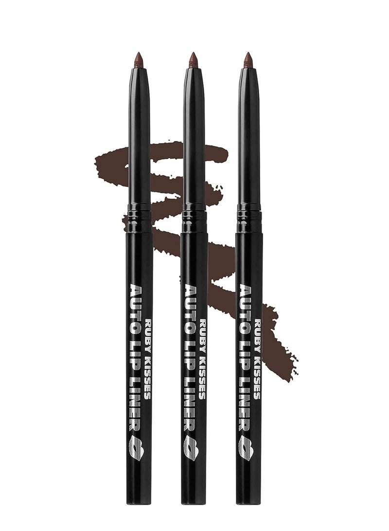 Ruby Kisses Auto Lip Liner Pencil, Long Lasting & Non-Fading, Smooth Application, Non-Feathering with Rich Color, No Sharpener Needed, Ideal for Full Lips Look (Dark Brown) (3 PACK)
