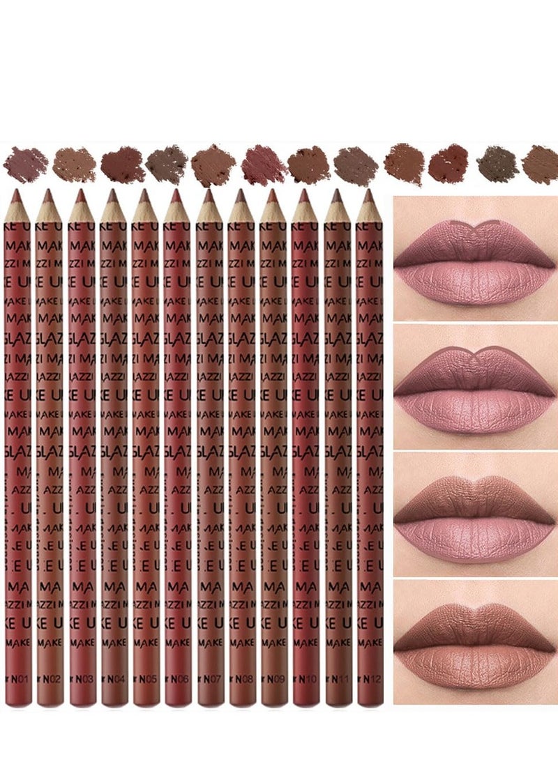 12 Pcs Natural Nude Brown Beige Colors Lip Liner Lipstick Pencils Set for Daily Makeup,Easy to Apply & Remove,Waterproof (B)