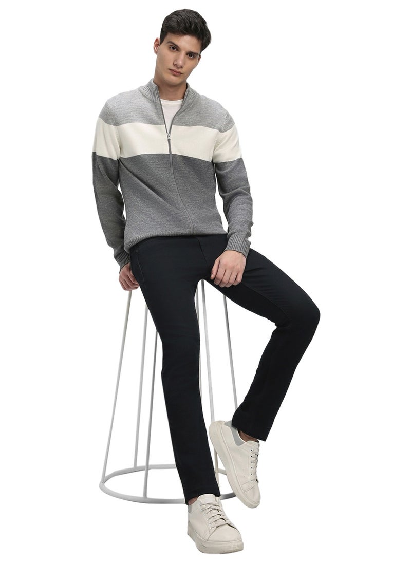 Light Grey Mel Regular Fit Sweater for Men - 100% Acrylic, Colourblocked, Mock Neck, Full Sleeves, Casual, Machine Wash