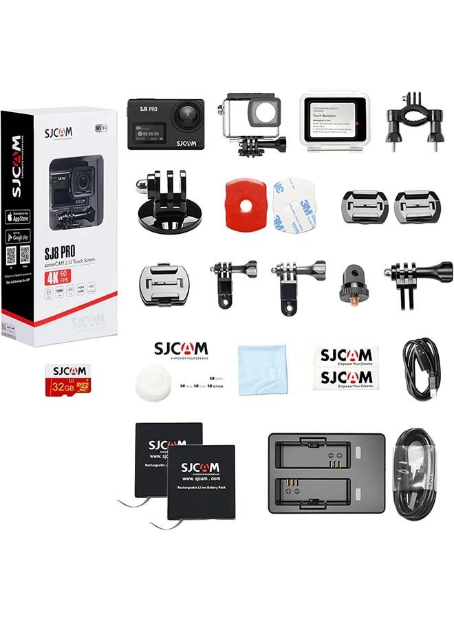 SJCAM SJ8Pro Native 4K60fps Action Camera with 170° FOV HDR Touch Screen EIS3.0 Stabilization 8X Slow-Mo Zoom Underwater Camera with Remote Control 2 Batteries & Accessories SUP External Mic Vlog Live