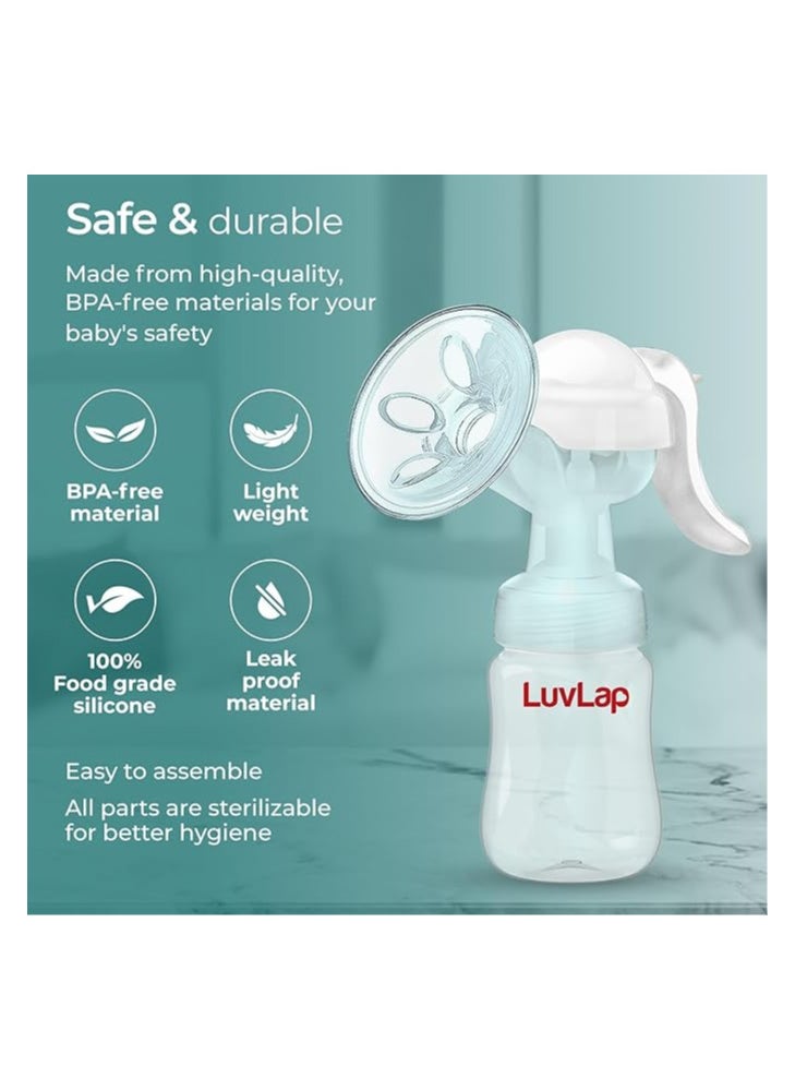 LuvLap Manual Breast Pump, 3 Level Suction Adjustment, easy massage cushion & ergonomic handle for easy & painless breast milk expression, 2pcs Breast pads free, Soft & Gentle, BPA Free