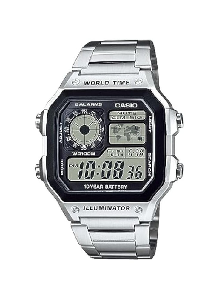 Casio Collection Rectangle Casual Watch for Men  AE-1200WHD-1AVDF Black Dial, Silver Band